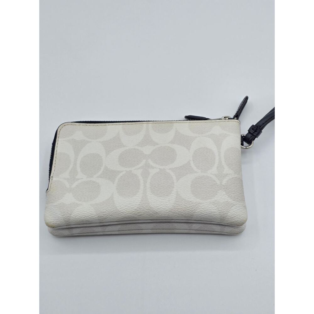 Coach Double Zip Wristlet White Signature C Canvas Black Leather Wallet EUC - Picture 4 of 15